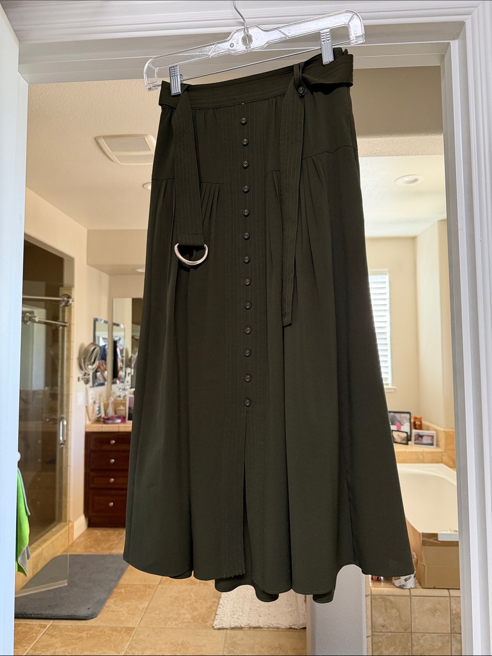 WHBM Sergeant Green Belted Utility Midi- Skirt Button Front Petite SZ 0